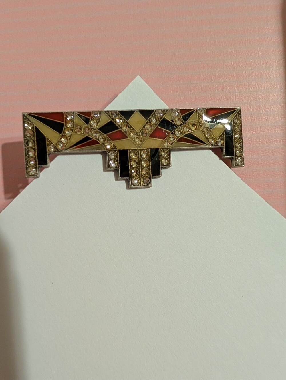 Pierre Bex Art Deco Black, Red, Yellow & Crystals Enamel Bar Brooch (Silver)